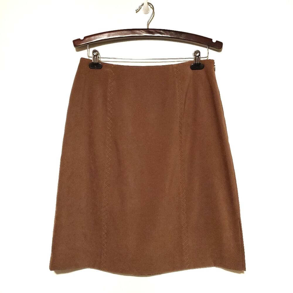 Talbots Vintage 90s Tan A-Line Vegan Suede Embroidered Boho Skirt 10P